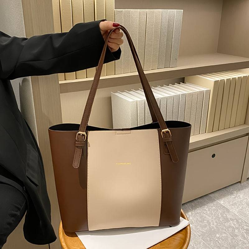 Women’s Large Shoulder Bag – Black & Gold Contrast, Adjustable Straps, Snap Closure, Minimalist Style