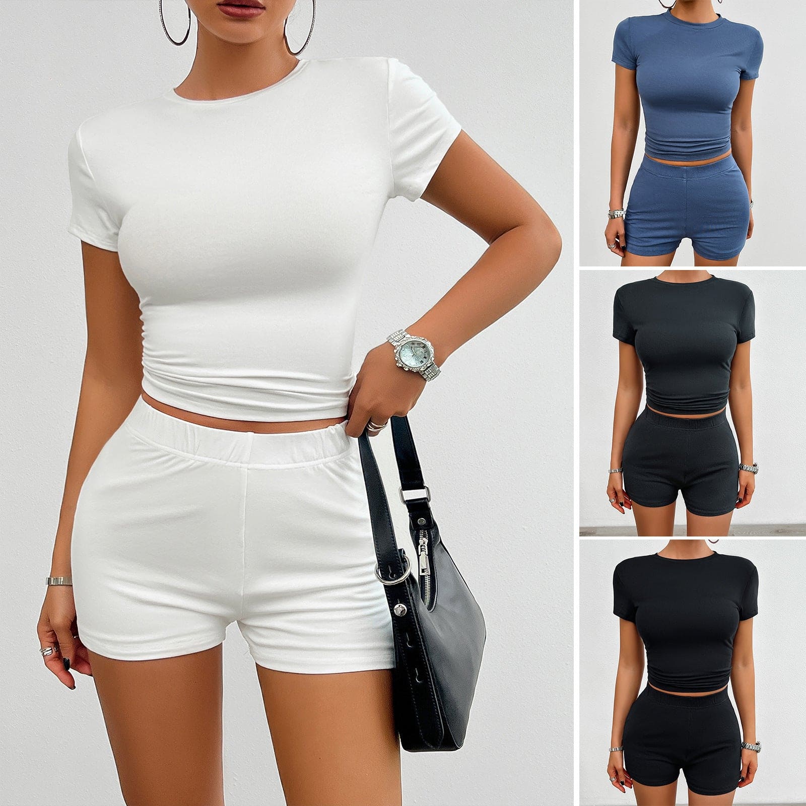 Solid Color Slim Sports Suit Summer Short-sleeved Round Neck T-shirt And Elastic Shorts Fashion Womens Clothing - PMMNAPOLES