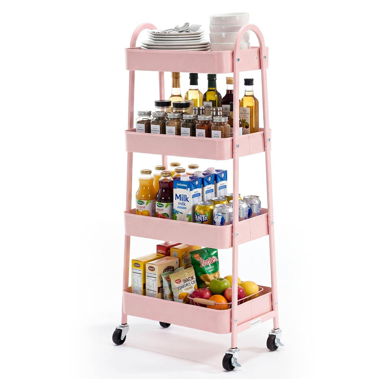 4 Tier Rolling Metal Storage Cart With Lockable Wheels