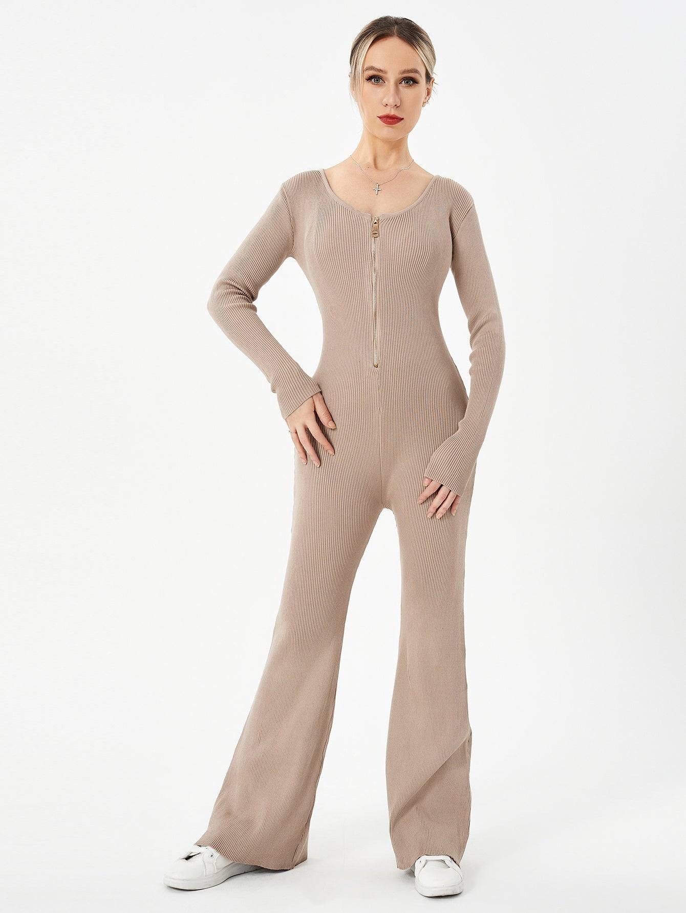 Women Jumpsuit Two Piece Zipper Top Flared Trousers Set