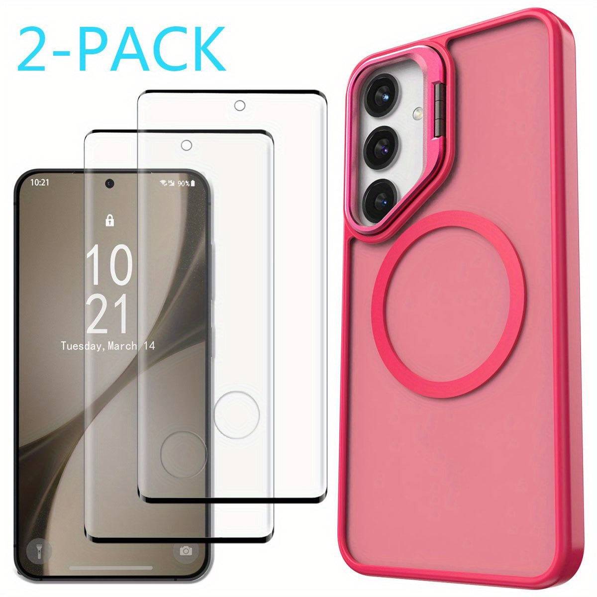 Magnetic Clear Case for Samsung Galaxy S24/S24+/S24 Ultra/FE, Shockproof Slim Bumper Cover with Kickstand and 2 Tempered Glass Protectors