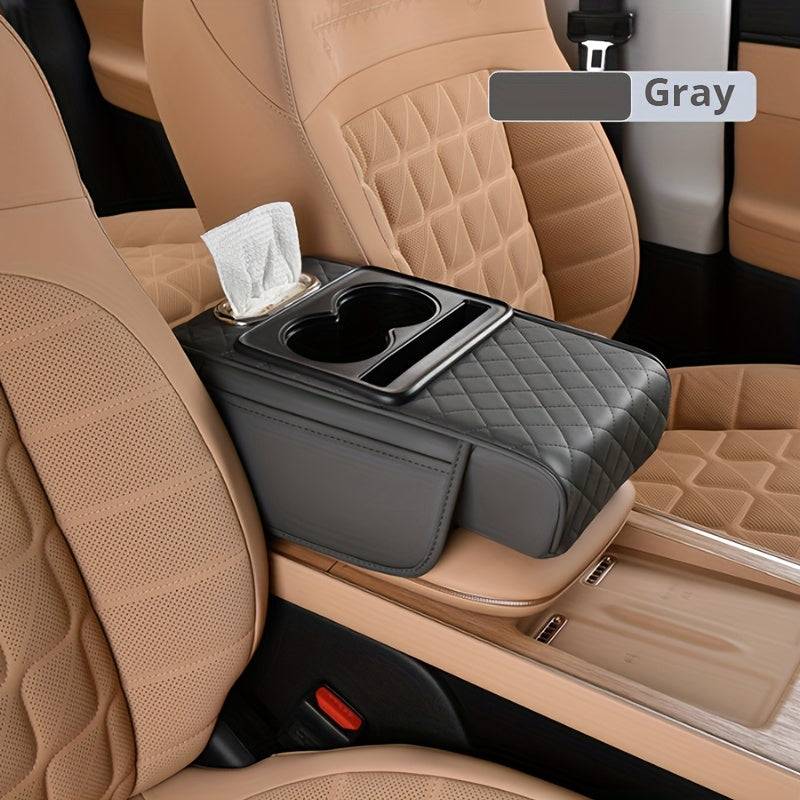 Universal Car Center Console Organizer with 2 Cup Holders and 2 Pockets, Faux PU Leather Armrest Cover with Multifunctional Storage for Phone and Accessories