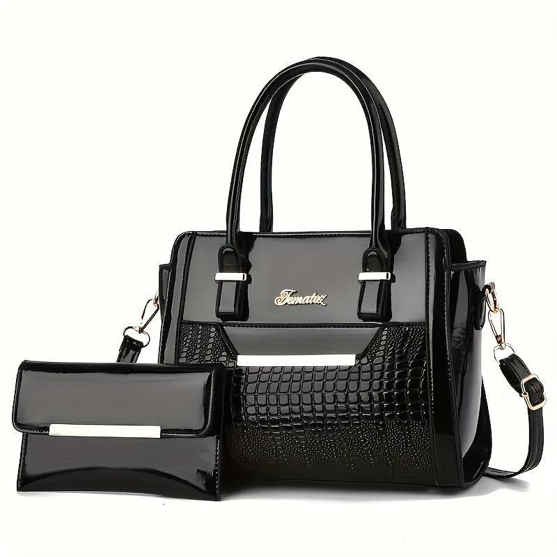 Women's Crocodile Texture Handbag Set Large Capacity Shoulder & Crossbody Bags for Work or Gift