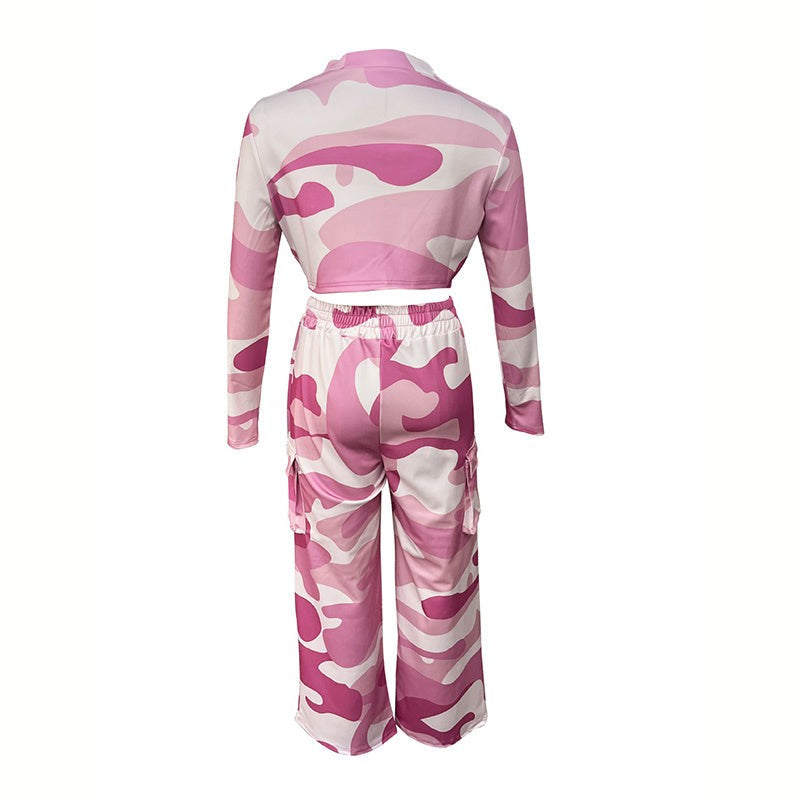 Two Piece Set Camouflage Crop Top and Cargo Pants Women