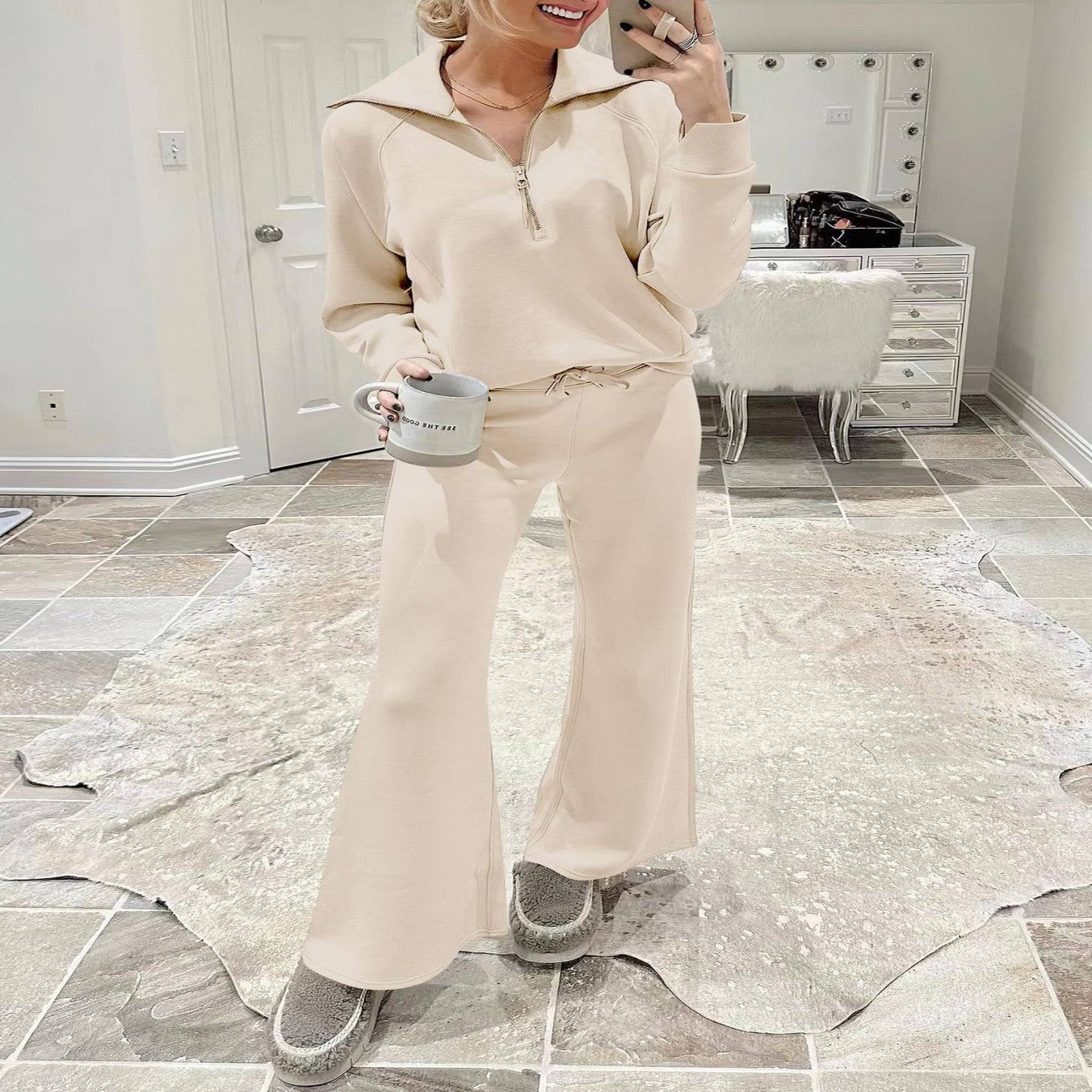 Two Piece Set Zip Sweatshirt Wide Leg Pants Suit