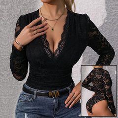 Women's Lace Up Long Sleeve Bodysuit Romper Sexy Deep V Neck Snap Croth Leotard Tee Top For Women - PMMNAPOLES