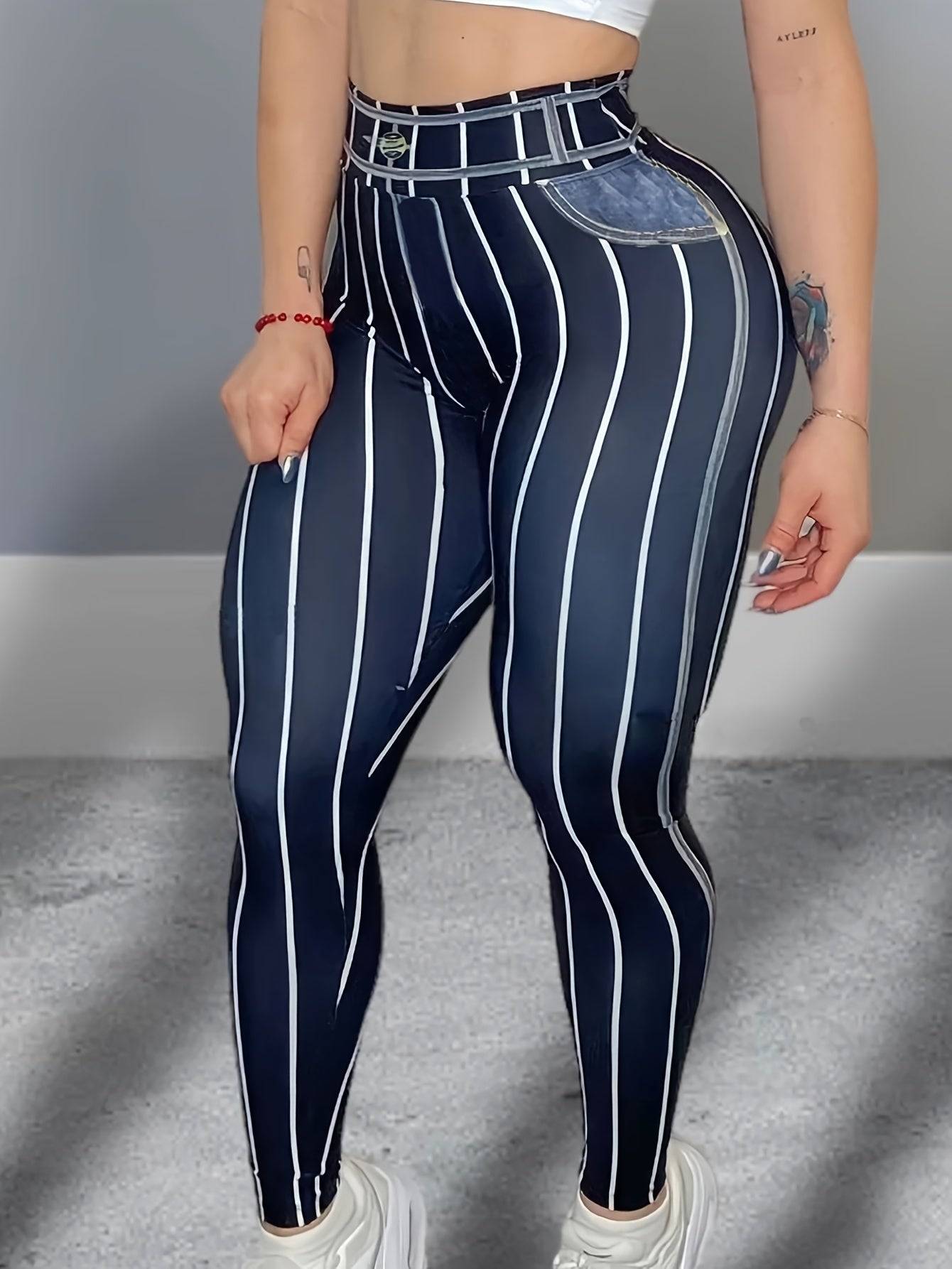 Women's High-Waisted Denim Print Leggings, Stretchy 9" Length Pants with Striped Pattern and Fake Pockets, Slim Fit for Gym and Casual Wear