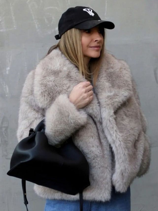 Women’s Winter Plush Coat Warm Thick Fluffy Lapel Jacket Long Sleeve Casual Outerwear