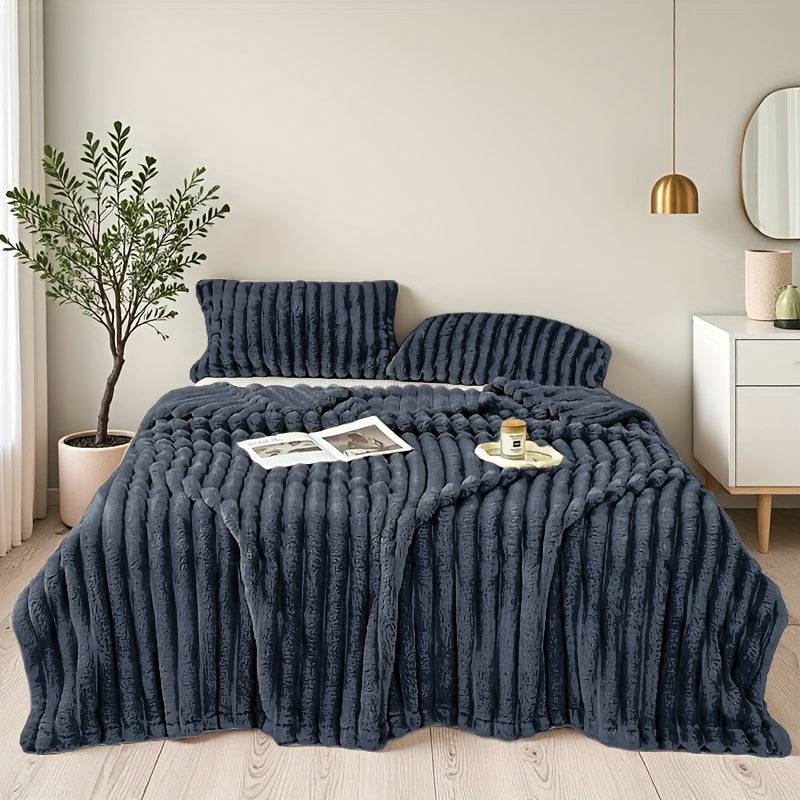 Plush Throw Blanket for 2-Seater Sofas – Ultra-Soft Beige Striped Fleece, All-Season, Elastic Fit for Living Room & Bedroom