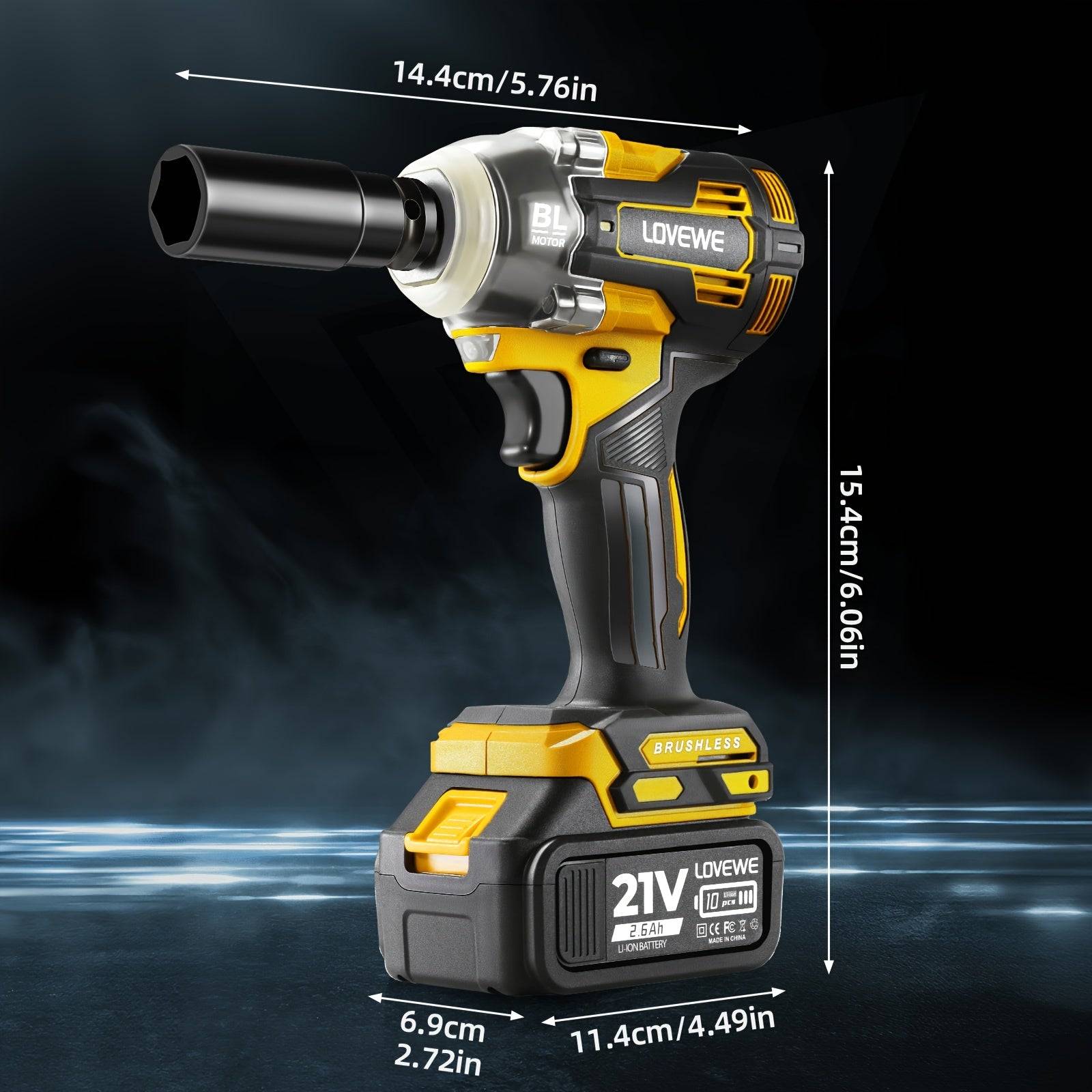 1/2 Inch Cordless Brushless Impact Wrench 258 Ft-lbs Torque with 2×2.6Ah Batteries, Charger & 5 Sockets 21V Electric Driver for Car & Home Use