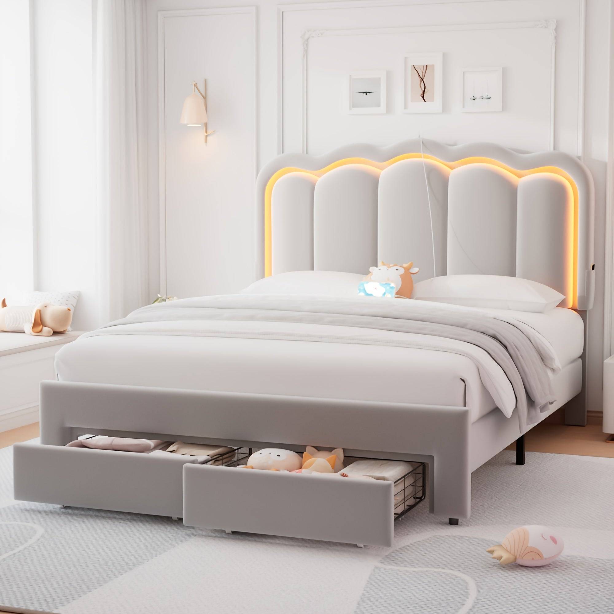 Queen Size Upholstered Platform Bed with Storage Drawers, Adjustable Headboard, Hardwood Frame, Modern Light Gray Design