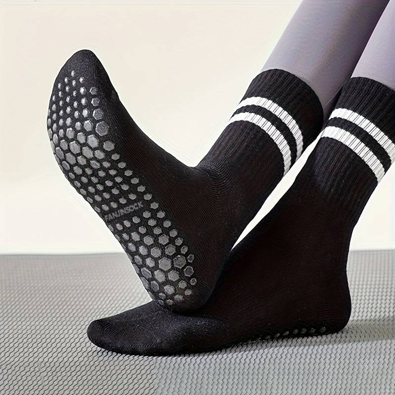 6 Pairs Women’s Anti-Slip Silicone Socks, Mid-Calf Ribbed Design with Double Stripes, Breathable Polyester Blend for Pilates, Dance and Floor Fitness