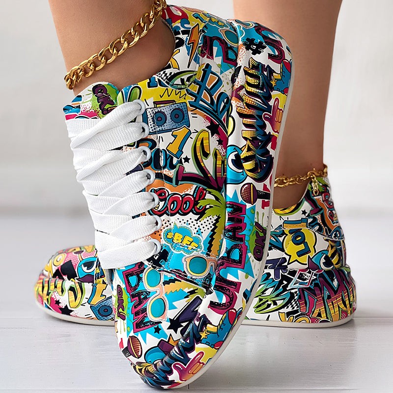 Geometric Print Sneakers With Lace Up Style And Thick Sole