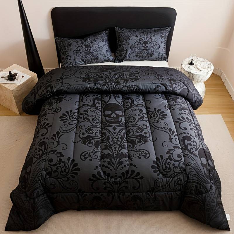 Gothic Skull Quilt Set 3-Piece – Black & Gray Baroque Comforter with Pillowcases, 180gsm Padded