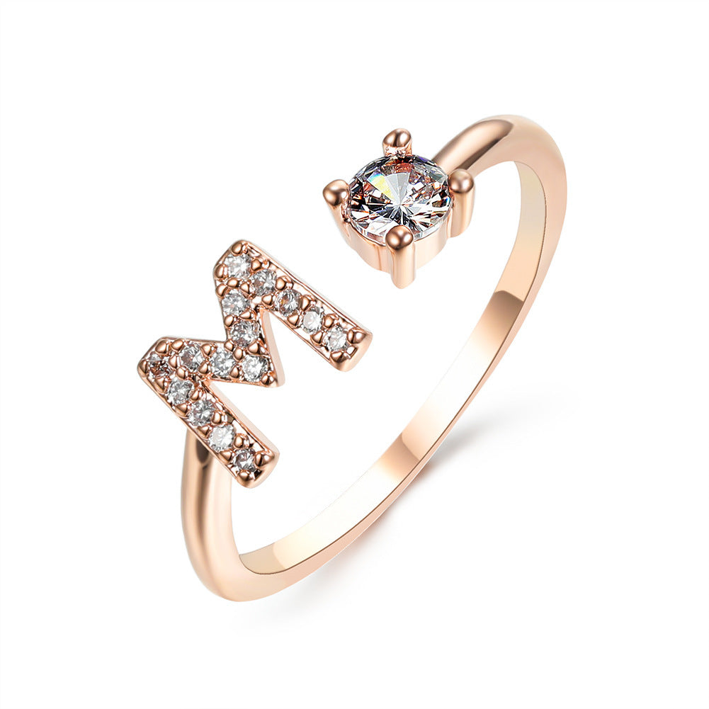 Anillo de letra ajustable con circonitas y diseño inicial de 26 para mujer