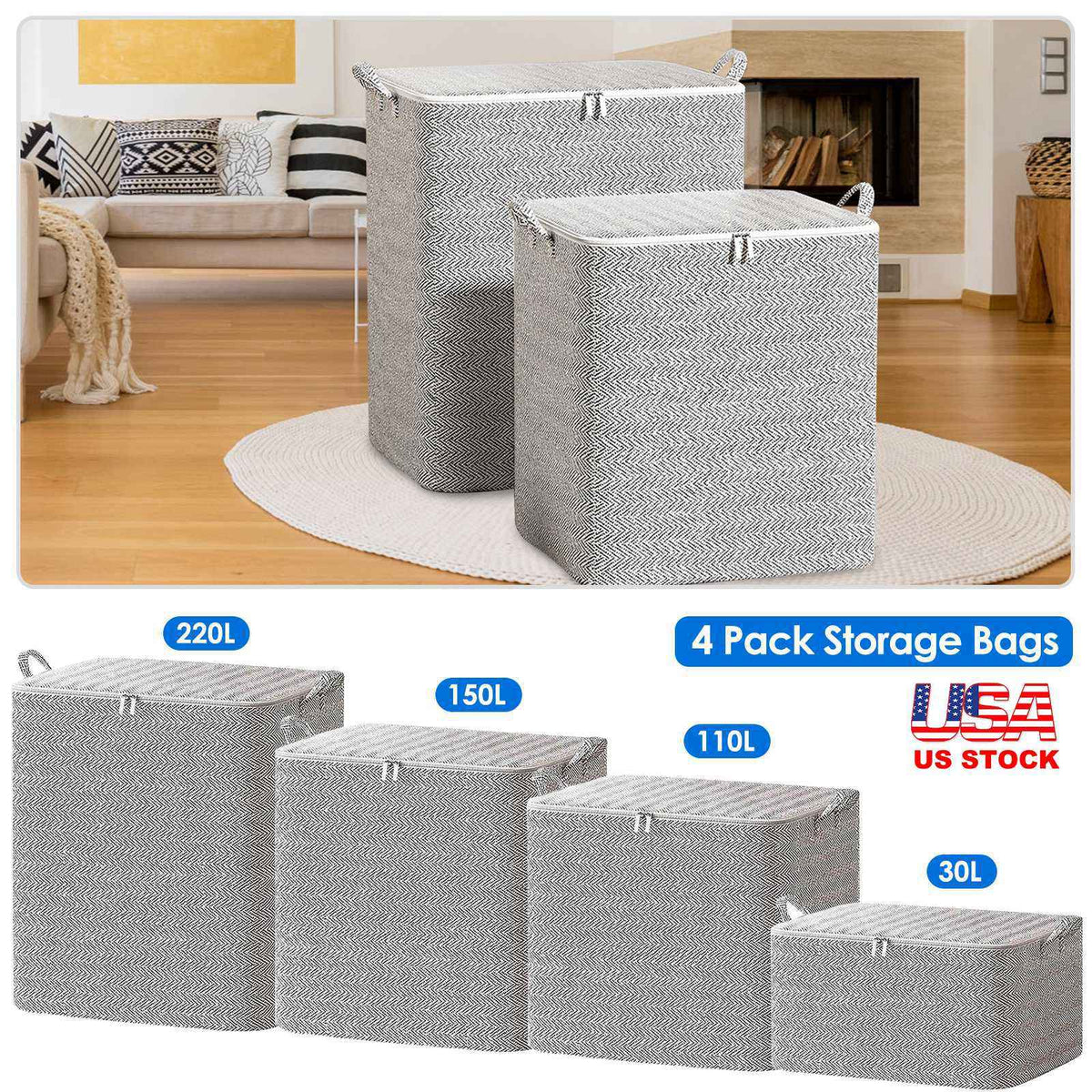 4 Pack Foldable Storage Boxes with Lid and Zipper