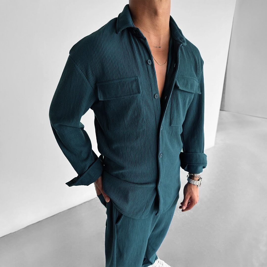 Men’s Long Sleeve Shirt Solid Color Loose Fit Lapel Cardigan Style Polyester Casual Top