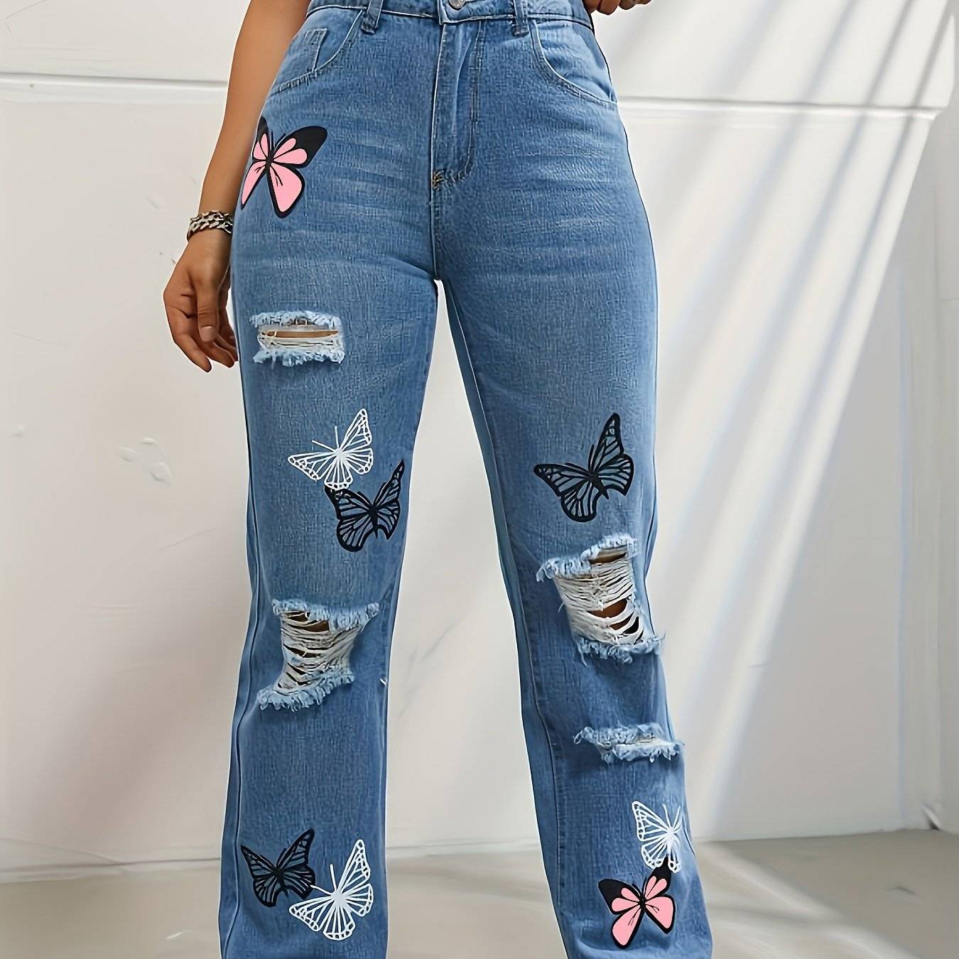 Women’s High-Waisted Contrast Denim Jeans Straight-Leg Cut with Butterfly Print & Ripped Details