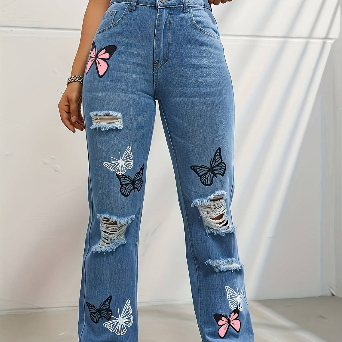 Women’s High-Waisted Contrast Denim Jeans Straight-Leg Cut with Butterfly Print & Ripped Details
