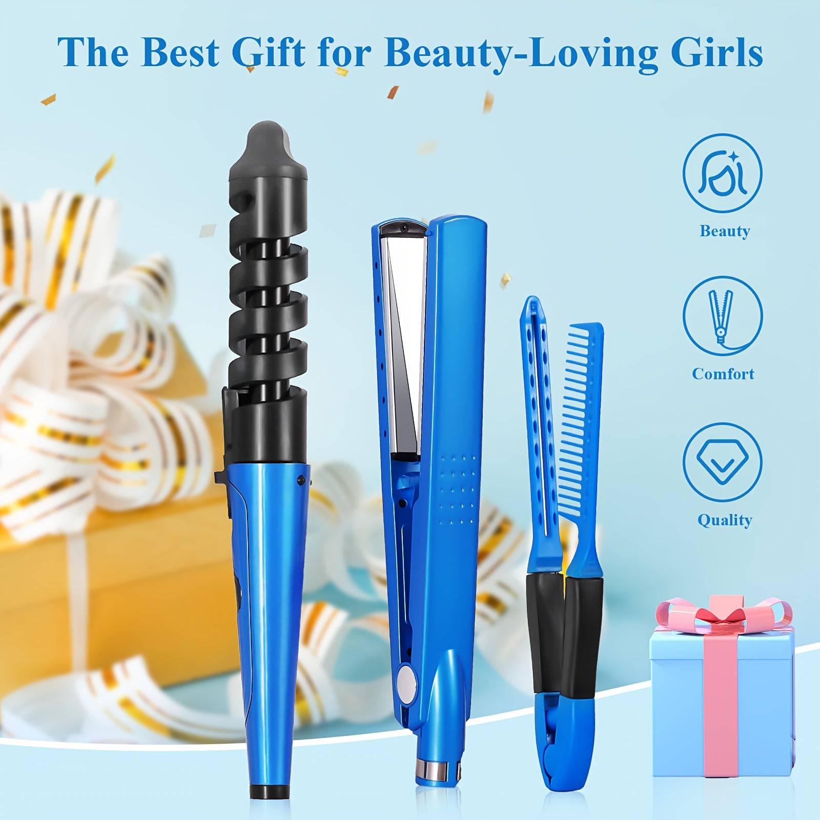 3pcs Hair Styling Kit for Women Flat Iron, Curling Wand & V-Brush 5 Temps Lightweight for All Hair Types
