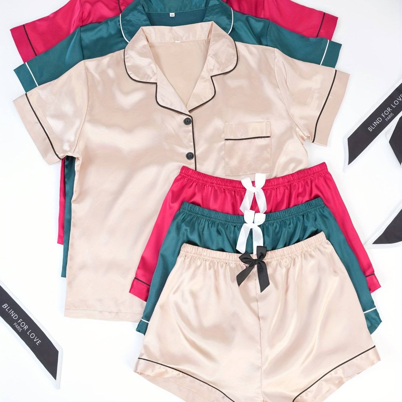 3-Piece Women's Satin Pajama Set – Short-Sleeve Lapel Top with Elastic Waist Shorts, Comfortable Loungewear for Home & Sleep