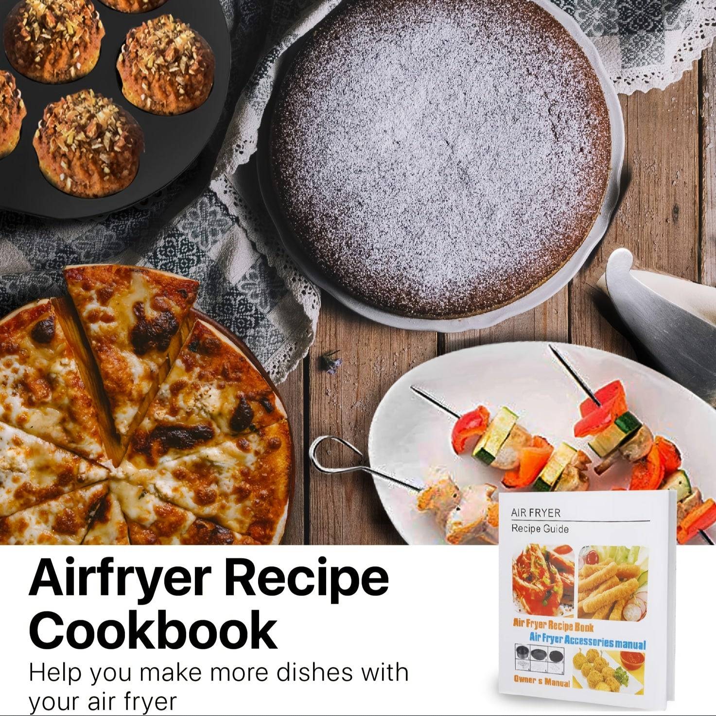 7-Piece Air Fryer Accessories Set 8" Egg Bites Mold, Pizza Pan, Cake Barrel, Skewer Rack & Silicone Mat Nonstick & Dishwasher Safe for 3.5Qt–5.8Qt Air Fryers