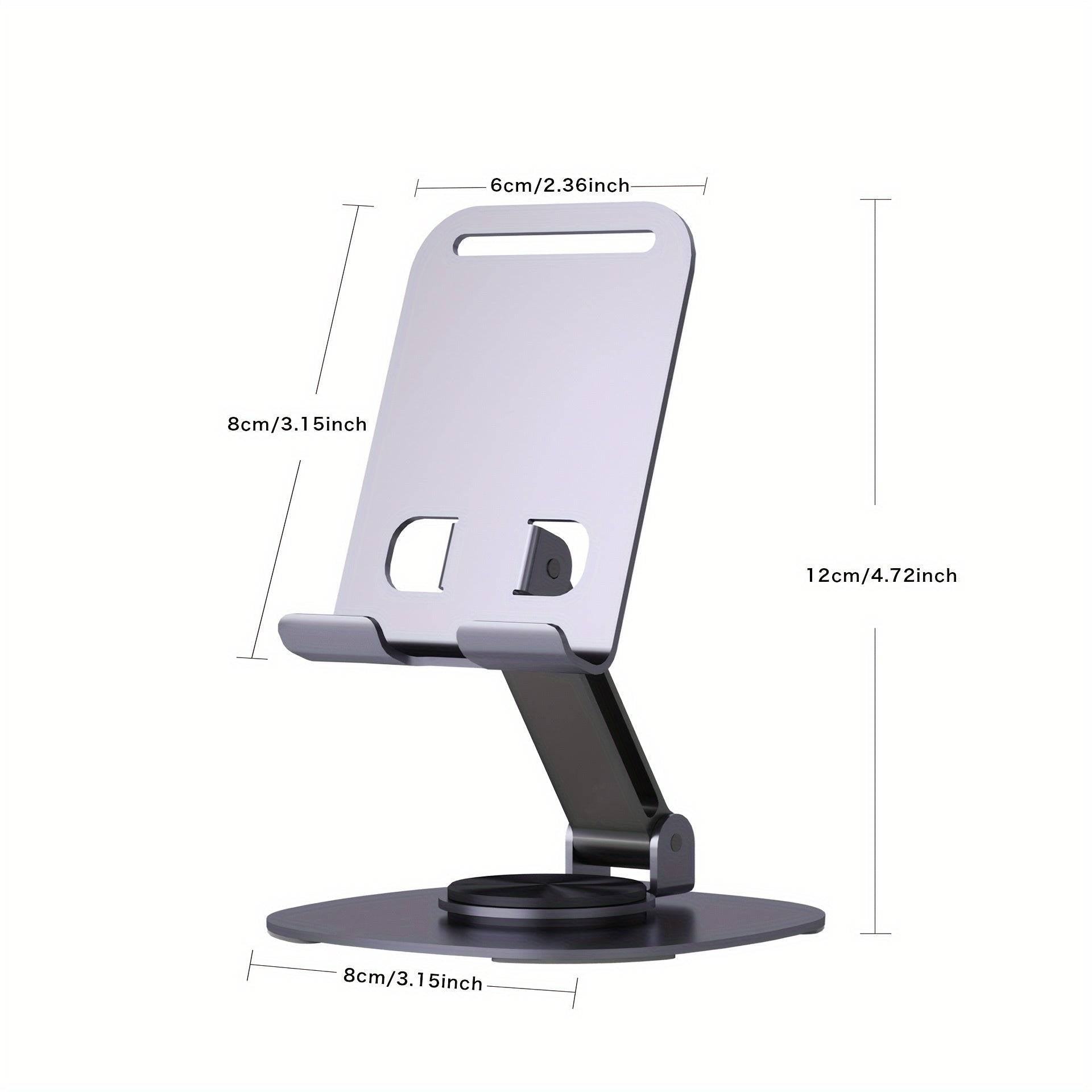 Metal desktop phone stand with 360° rotating base, foldable design, silicone pads, and mechanical click