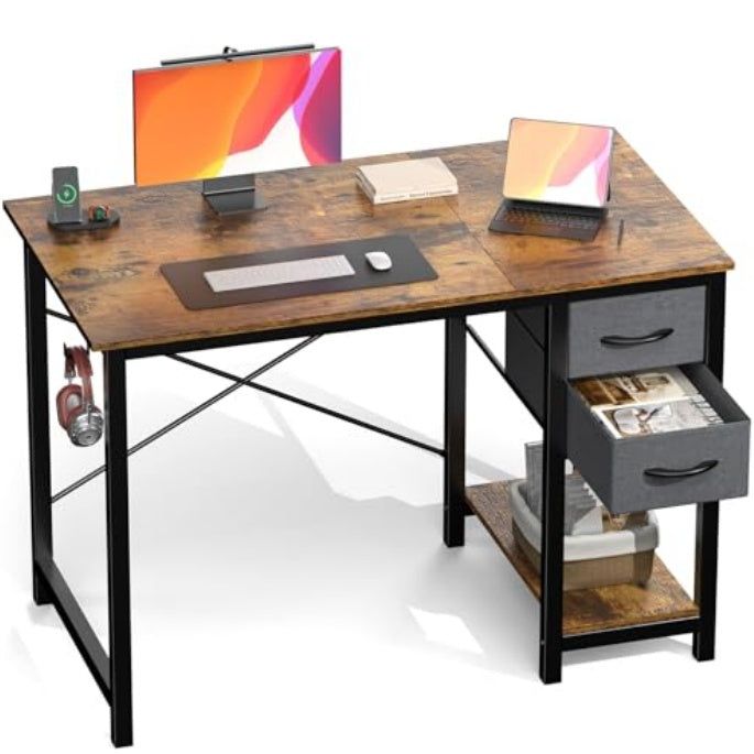 Wood Computer Table with Adjustable Drawers and Hook