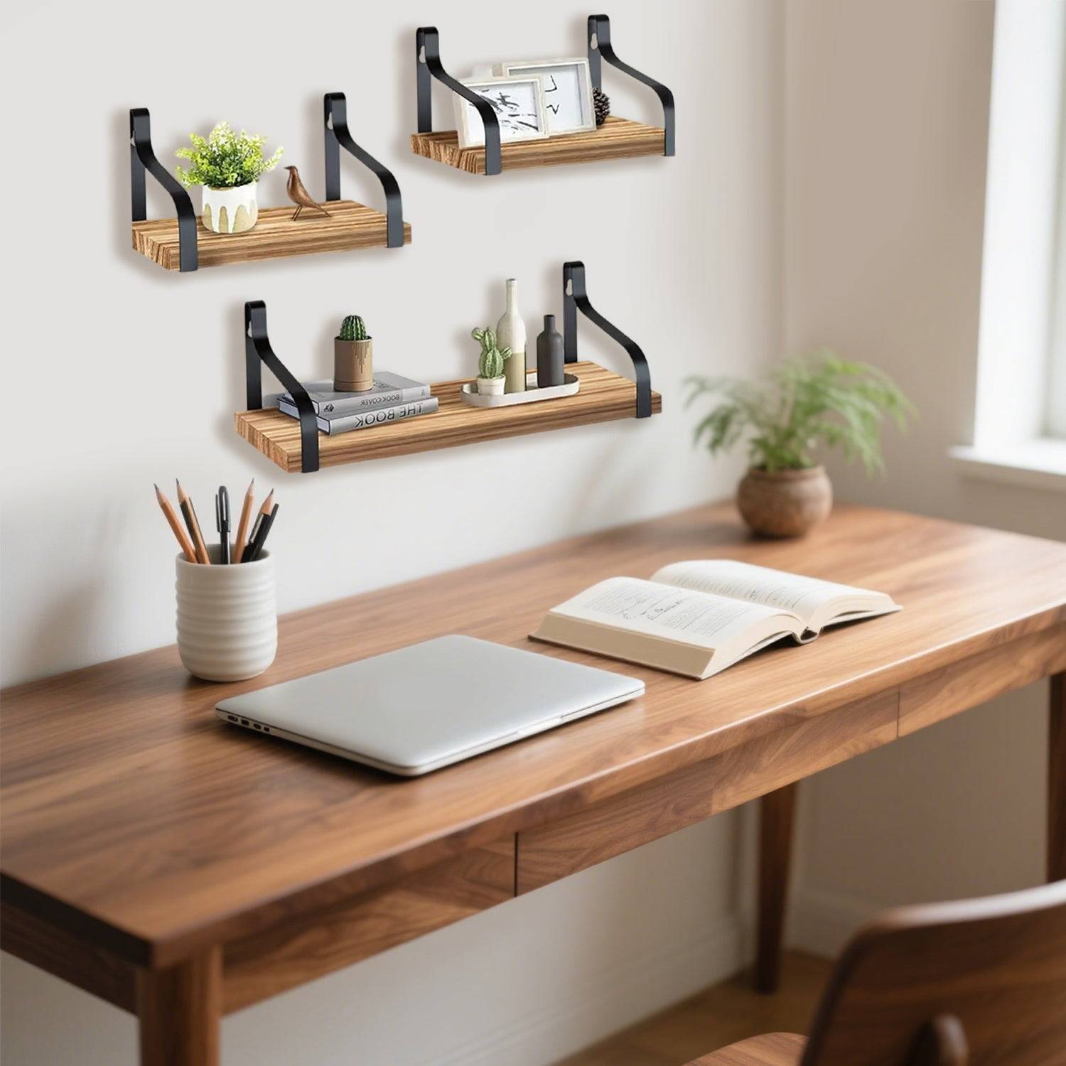 Wooden Floating Shelves with Iron Wall Brackets Set