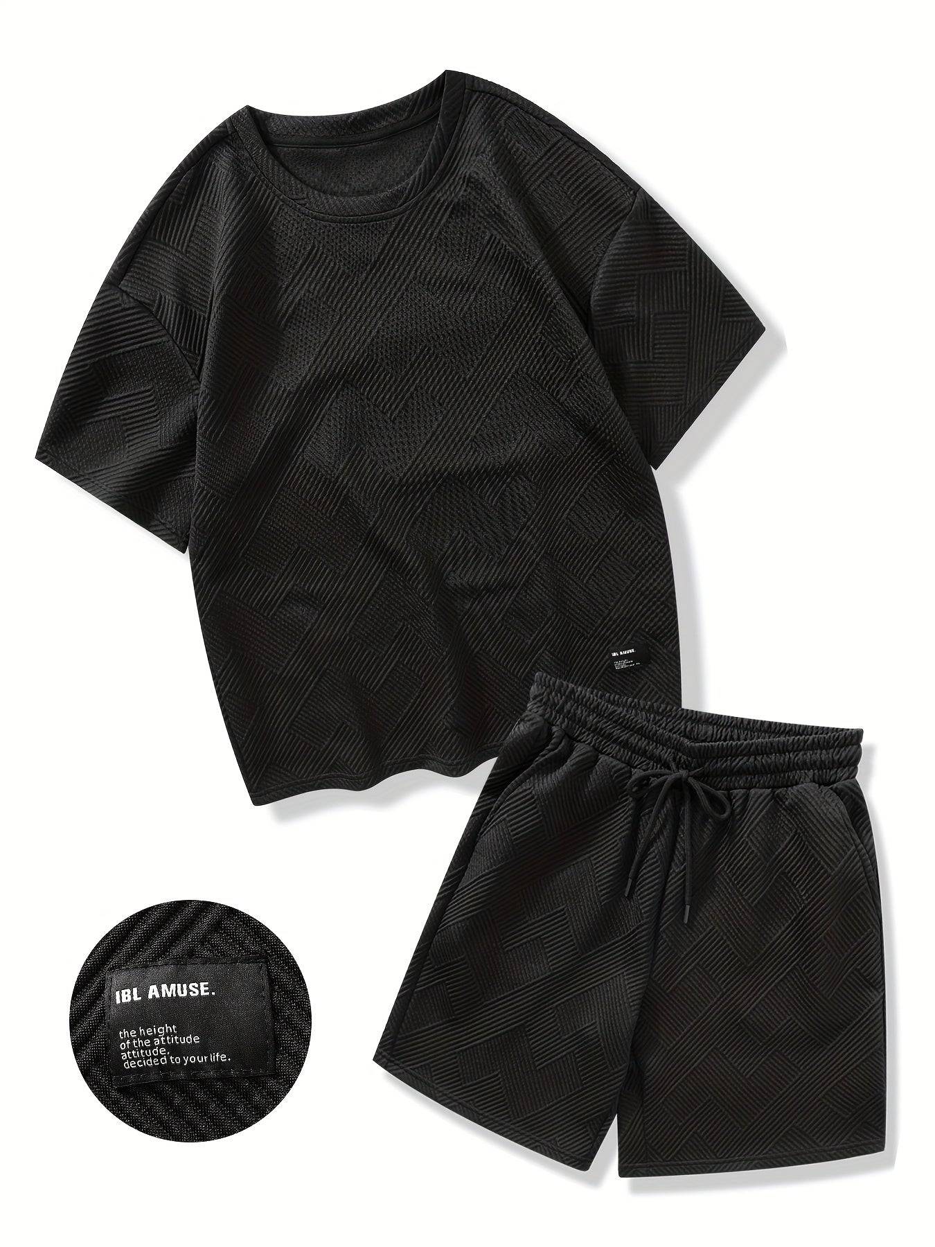 Men's Summer Two-Piece Set, Dark Stripe Texture Short Sleeve Shirt and Matching Shorts, Casual Polyester Outfit for Beach or Daily Wear