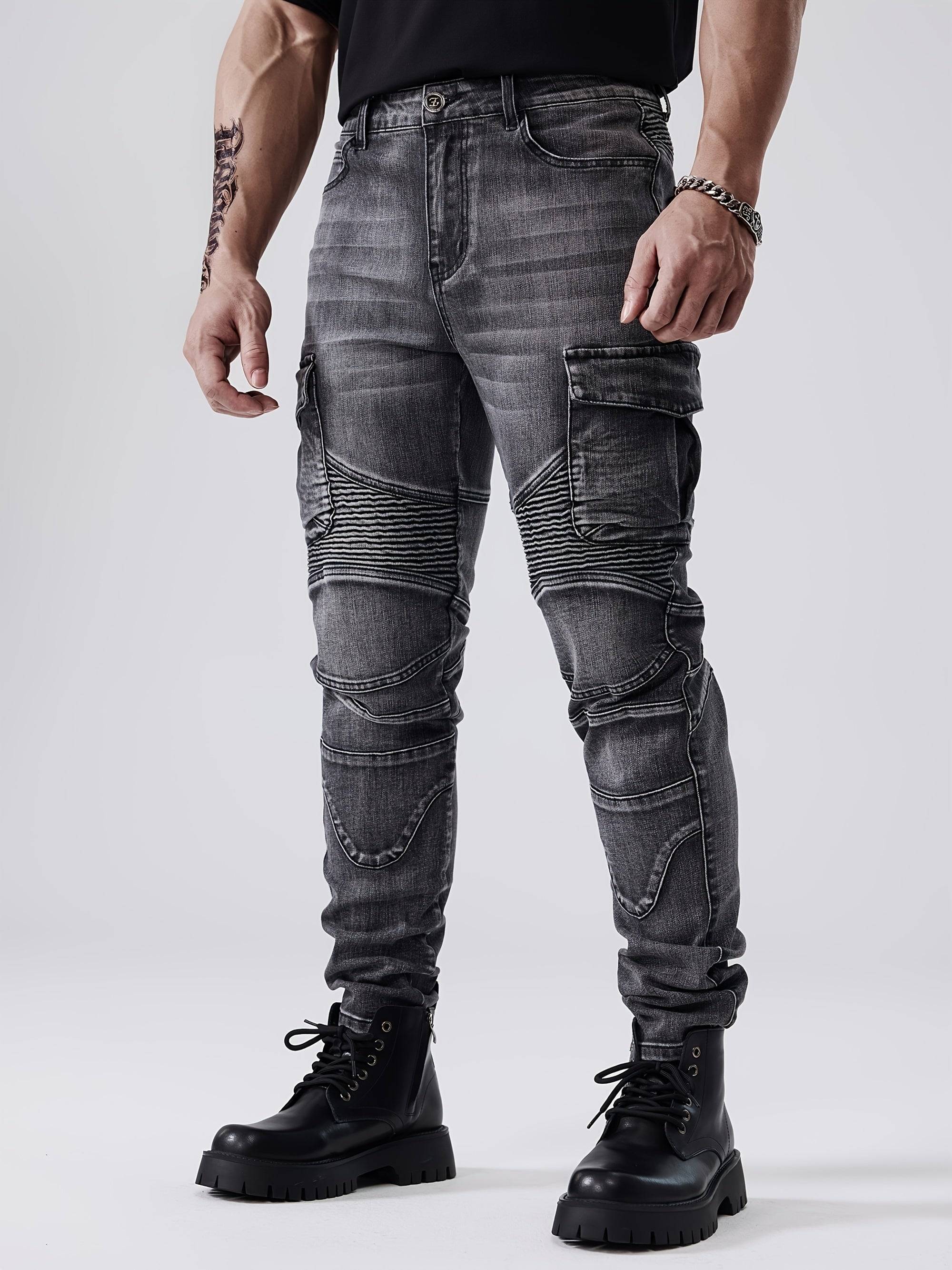 Men’s Slim Fit Stretch Jeans Straight-Leg Multi-Pocket Streetwear with Decorative Stitching
