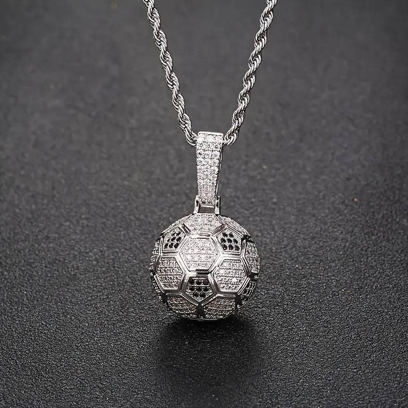 Men's 18K Gold Plated Soccer Pendant Necklace Twisted 3mm Chain with Zirconia Gift-Ready Sporty Jewelry