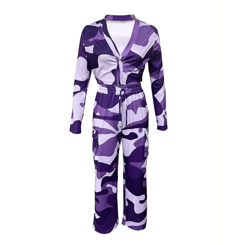 Two Piece Set Camouflage Crop Top and Cargo Pants Women