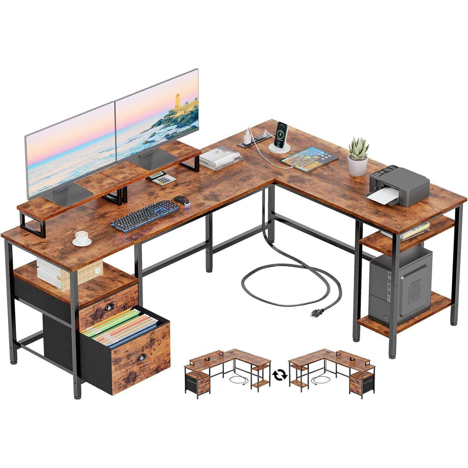 L Shaped Office Desk with Power Outlets Storage