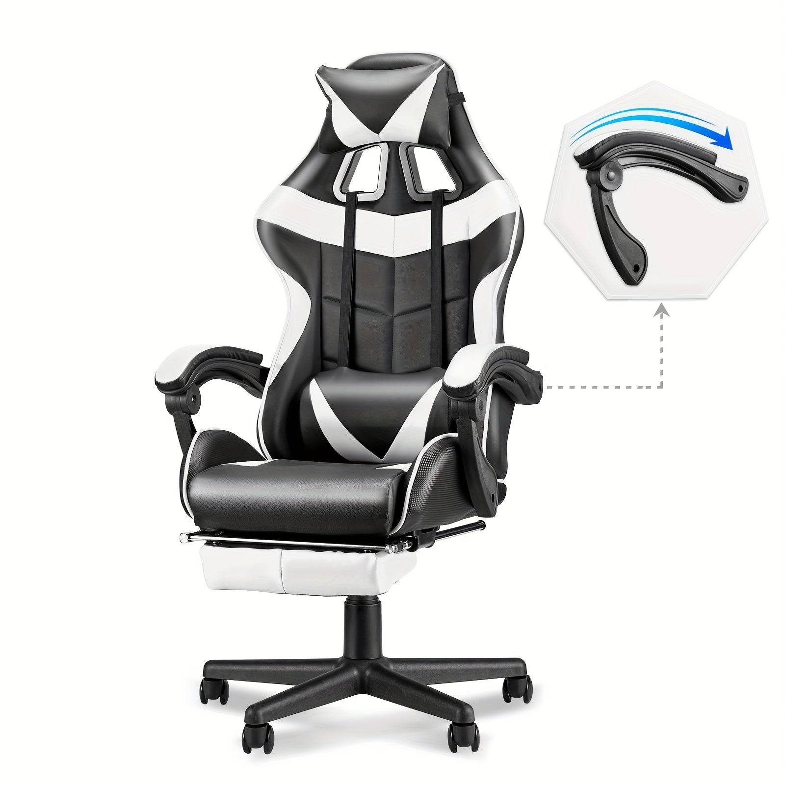 White and black ergonomic gaming chair with massage and reclining armrest, ideal for gaming and office use.