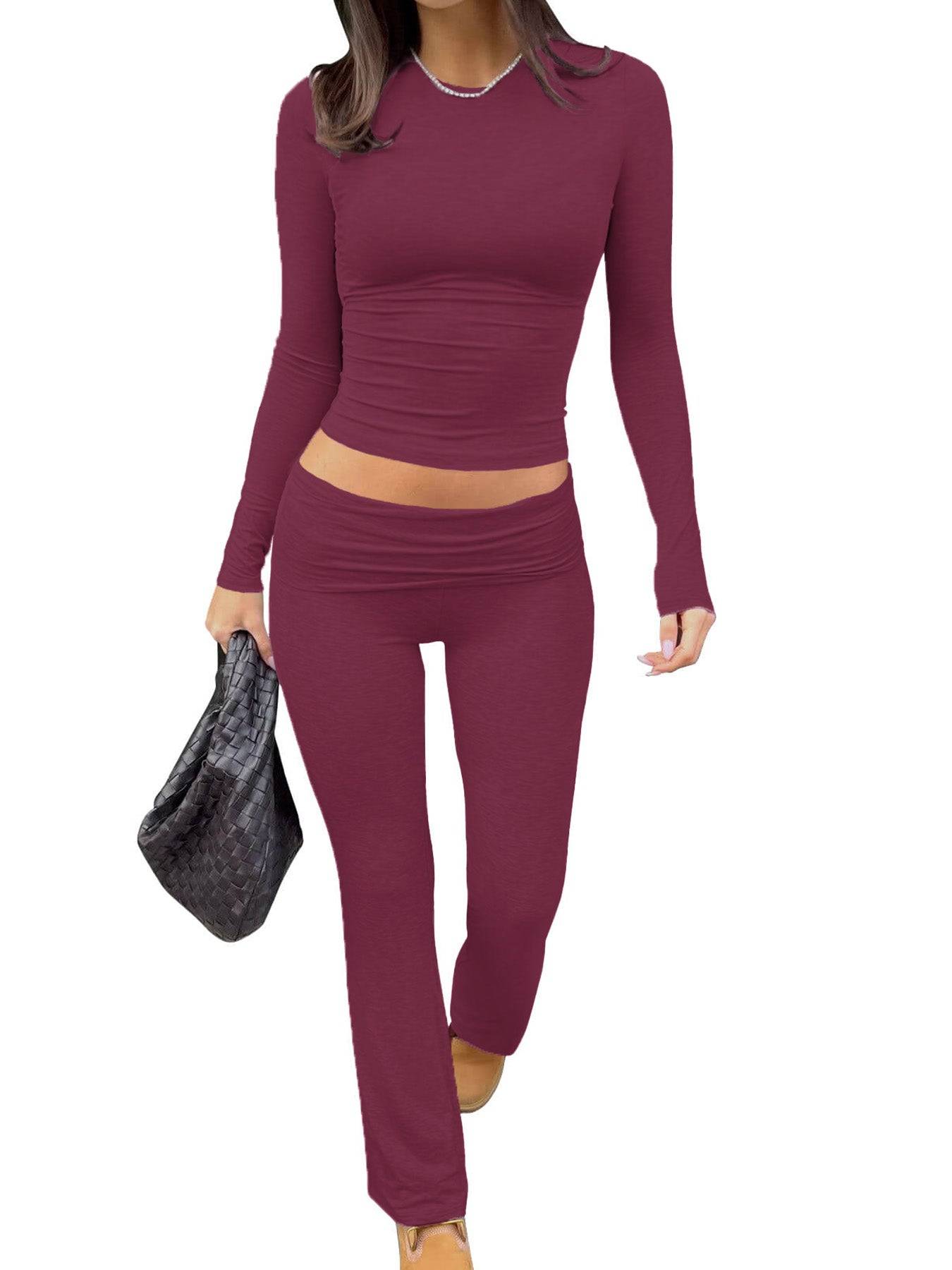 Womens Two Piece Set Long Sleeve Top High Waist Pants