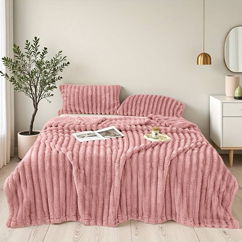 Plush Throw Blanket for 2-Seater Sofas – Ultra-Soft Beige Striped Fleece, All-Season, Elastic Fit for Living Room & Bedroom