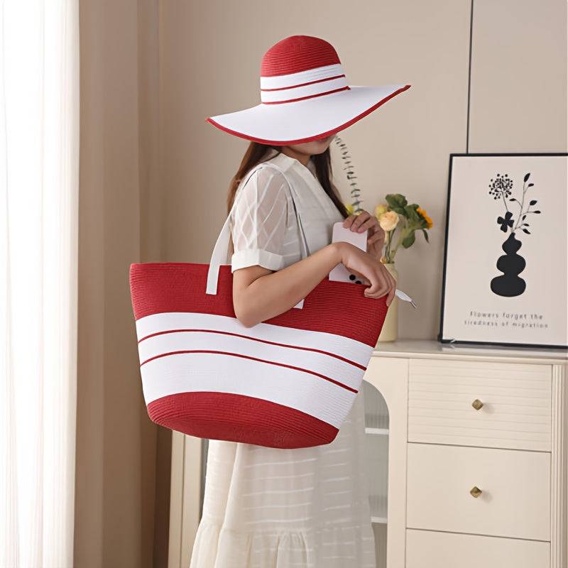 2pcs Summer Travel Set in red and white with wide brim straw hat and large beach bag, perfect for vacation and beachwear accessories.