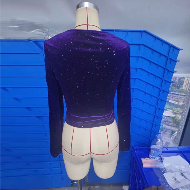 Blouse Velvet V Neck Long Sleeve Sequin Elegant Solid Top