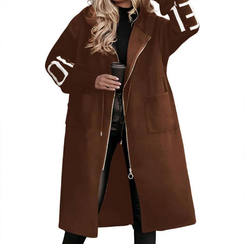Letter Print Trench Coat with Hood and Zip Front