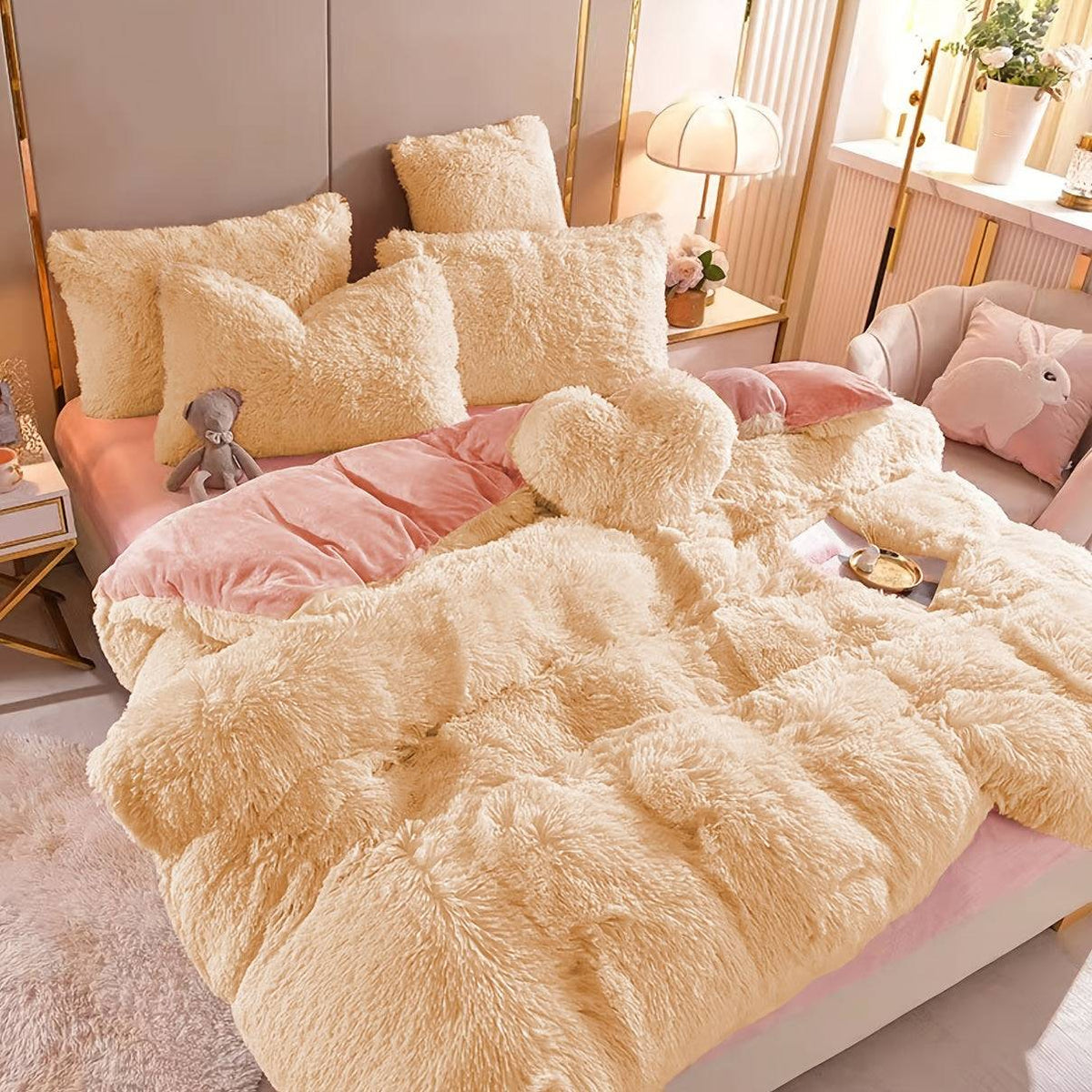 4-Piece Fluffy Bedding Set, Soft Comforter Set with Duvet Cover, Bed Sheet and 2 Pillowcases, Queen/King Size