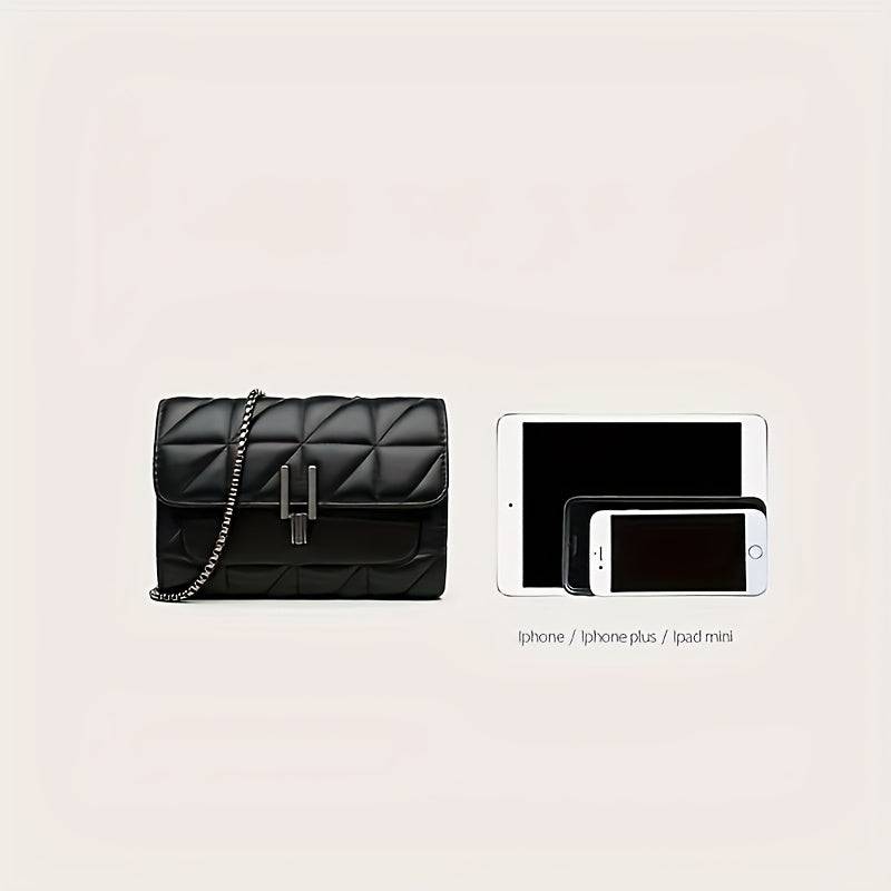 Small Black Belt Bag with Chain Strap – Scottish Pattern, Lock Closure, Faux Leather, Light Luxury Style
