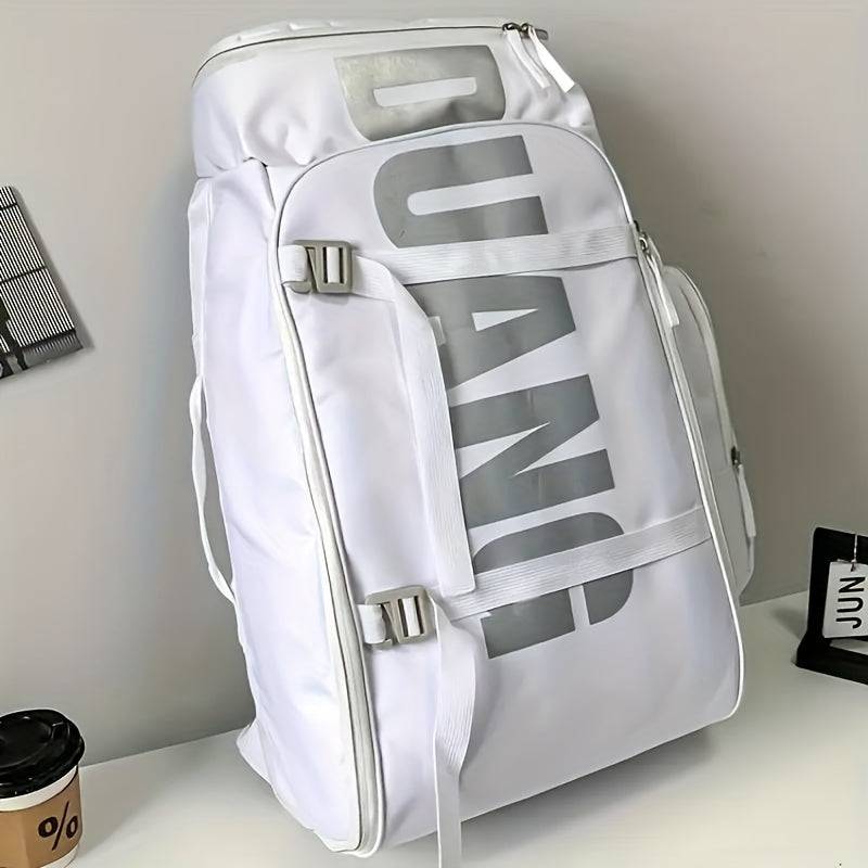 Close-up of white large travel backpack with metallic DUANI print, highlighting adjustable straps and zipper compartments.