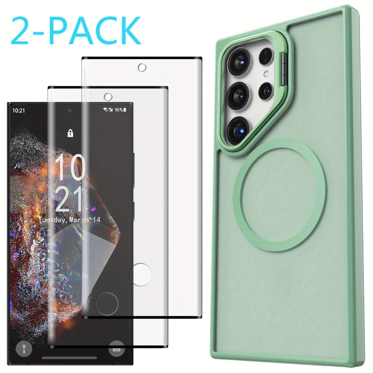 Magnetic Clear Case for Samsung Galaxy S24/S24+/S24 Ultra/FE, Shockproof Slim Bumper Cover with Kickstand and 2 Tempered Glass Protectors