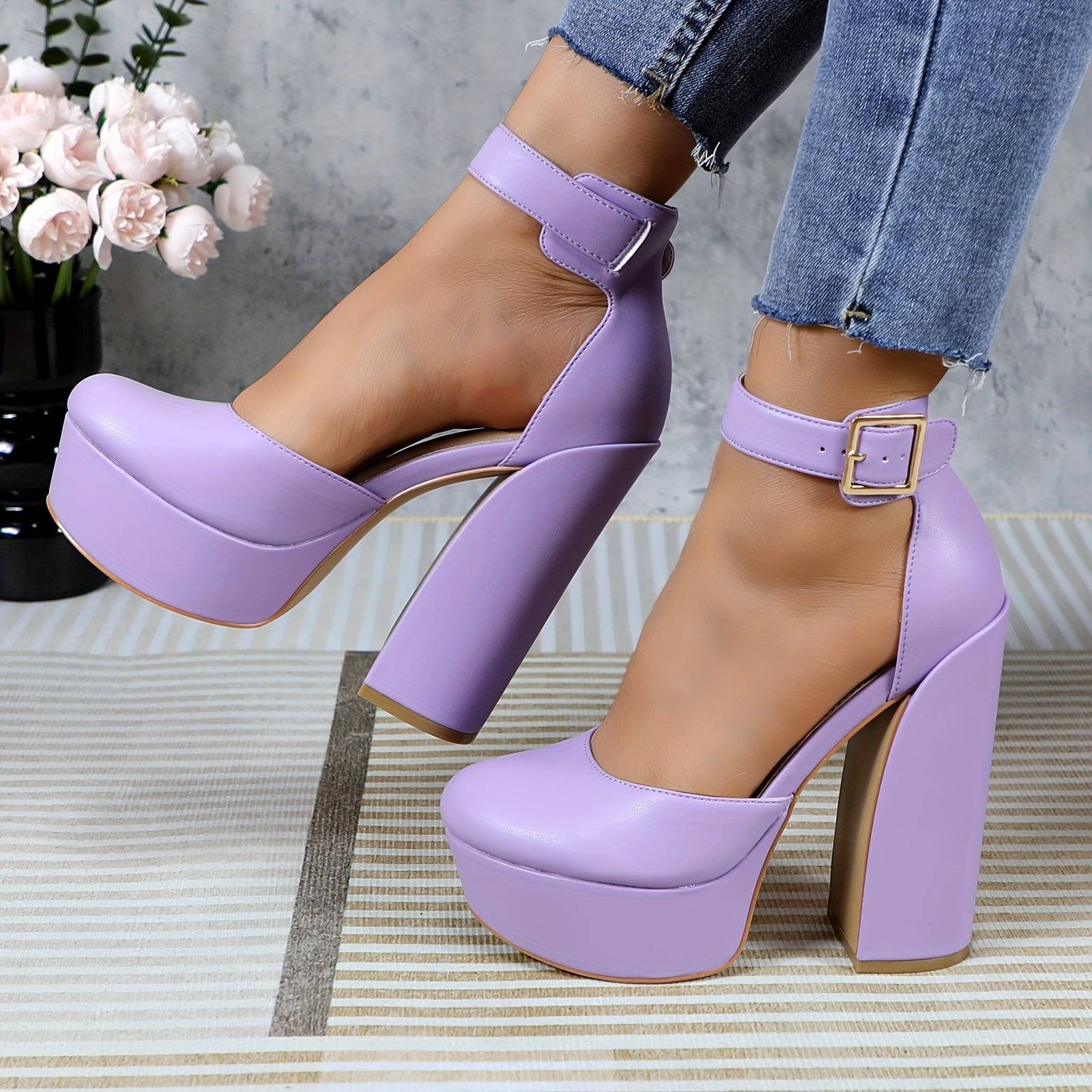 Women's Pink Platform Mary Jane Pumps, Chunky Block Heel with Adjustable Strap, Closed Toe PU High Heels for Parties and Weddings