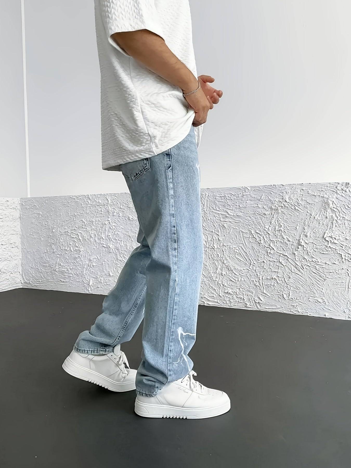 Men’s High-Street Lightning Bolt Jeans – Loose-Fit Straight-Leg Distressed Denim Pants, Raw Wash Non-Stretch Casual Wear