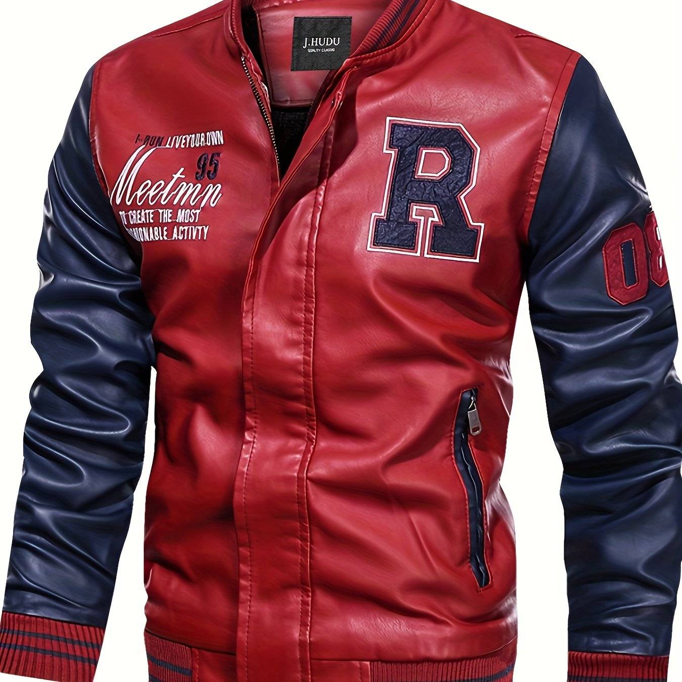 Plus Size Men’s PU Baseball Jacket with Letter “R” Print, Oversized Punk Raglan Design for Big & Tall, Spring & Autumn Wear