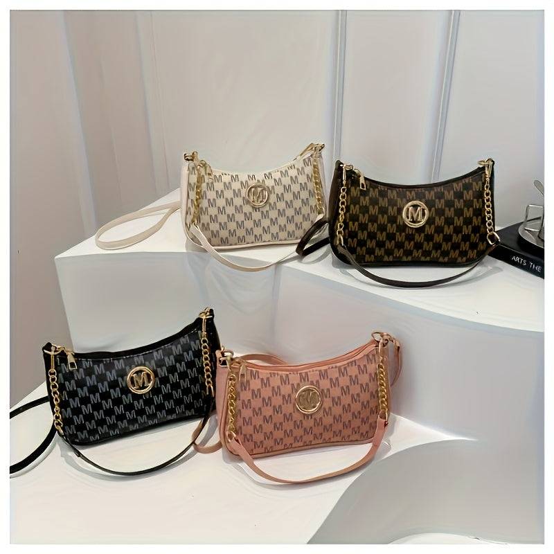 Women’s Vintage Crossbody Bag – Checkered Print, Gold Accents, Detachable Chain, Black & White