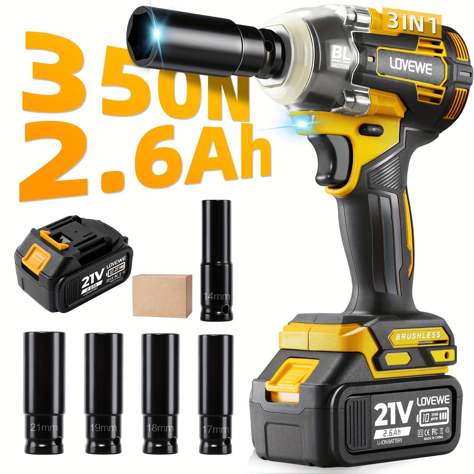 1/2 Inch Cordless Brushless Impact Wrench 258 Ft-lbs Torque with 2×2.6Ah Batteries, Charger & 5 Sockets 21V Electric Driver for Car & Home Use