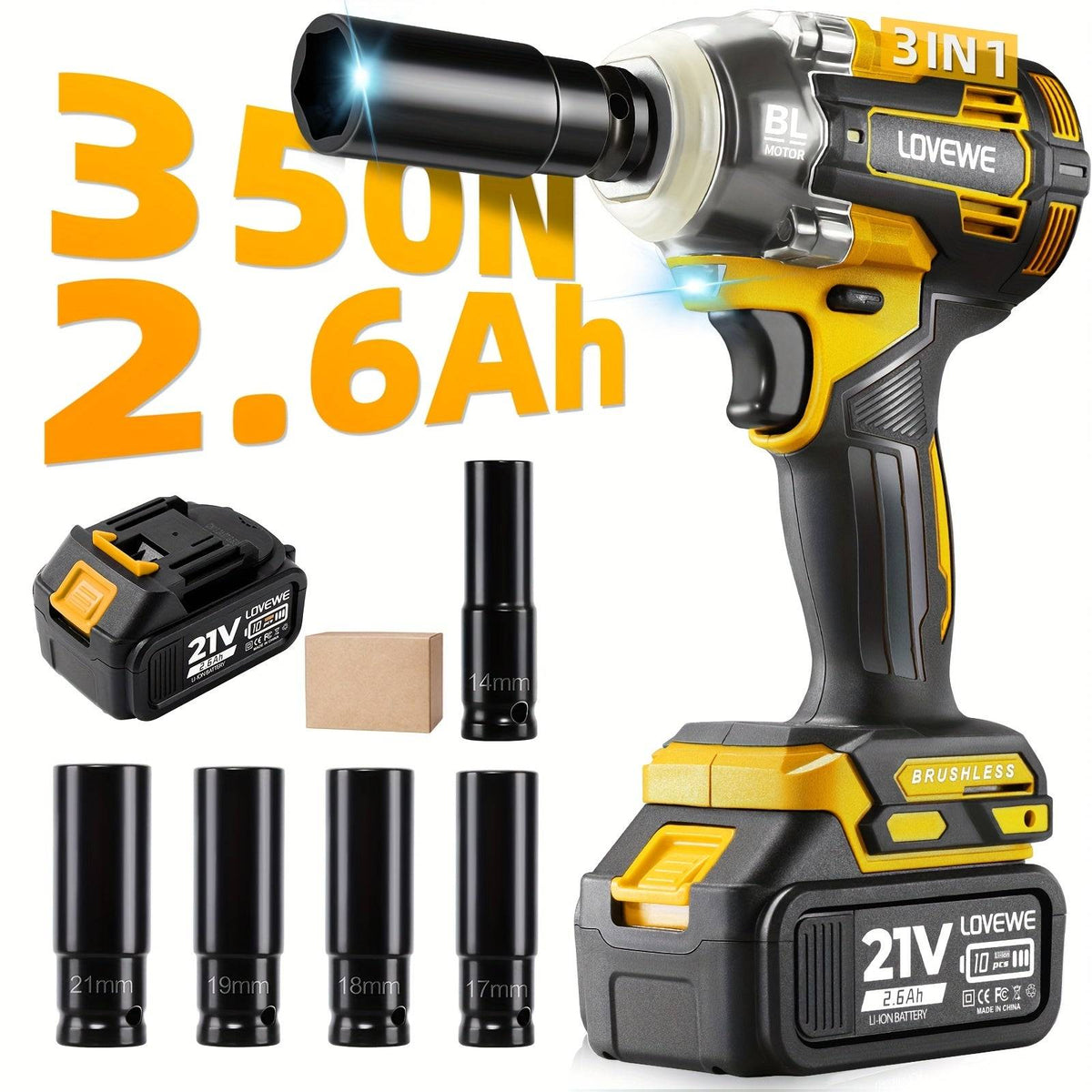1/2 Inch Cordless Brushless Impact Wrench 258 Ft-lbs Torque with 2×2.6Ah Batteries, Charger & 5 Sockets 21V Electric Driver for Car & Home Use